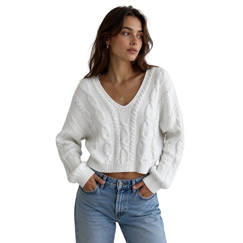 J.Crew Womens White Cable Knit V-Neck Cropped Sweater Size M Cotton Blend Chunky